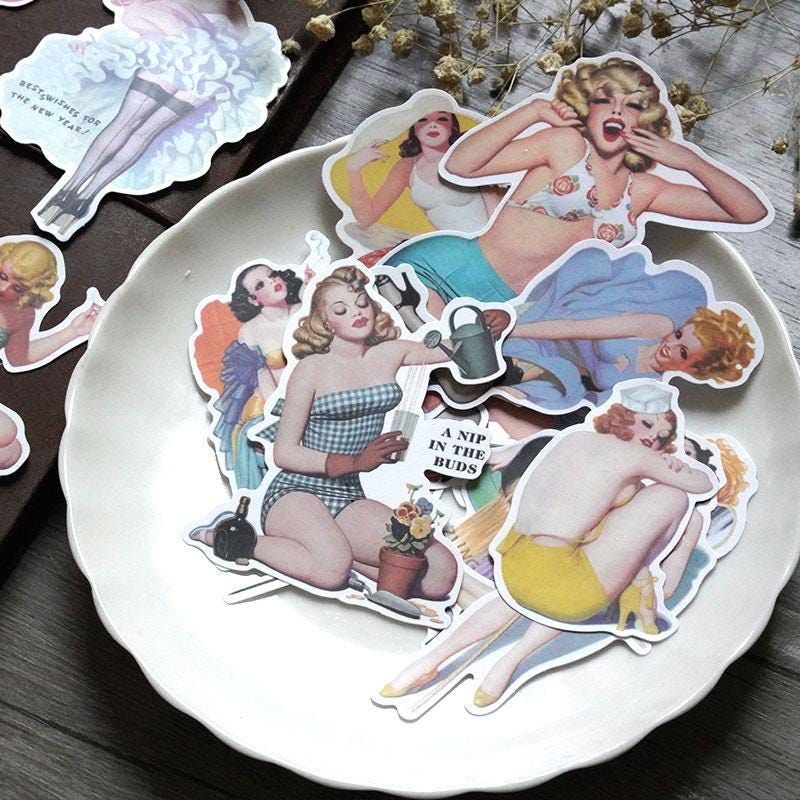 Retro Pin-Up Girls Stickers | 1950s Glamour Women Illustration | Classic Pinup Art Collage Decals