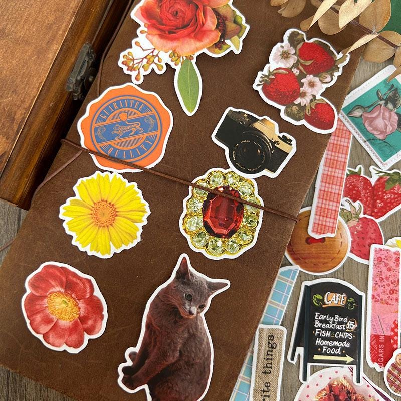 Retro Floral Food Cat Stickers, Planner Journal Scrapbook Craft Supplies
