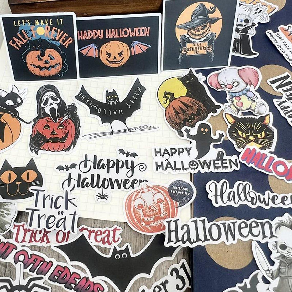 Vintage Halloween Stickers, Gothic Occult Decals, Spooky Ghost Bat Moon Art for Planners
