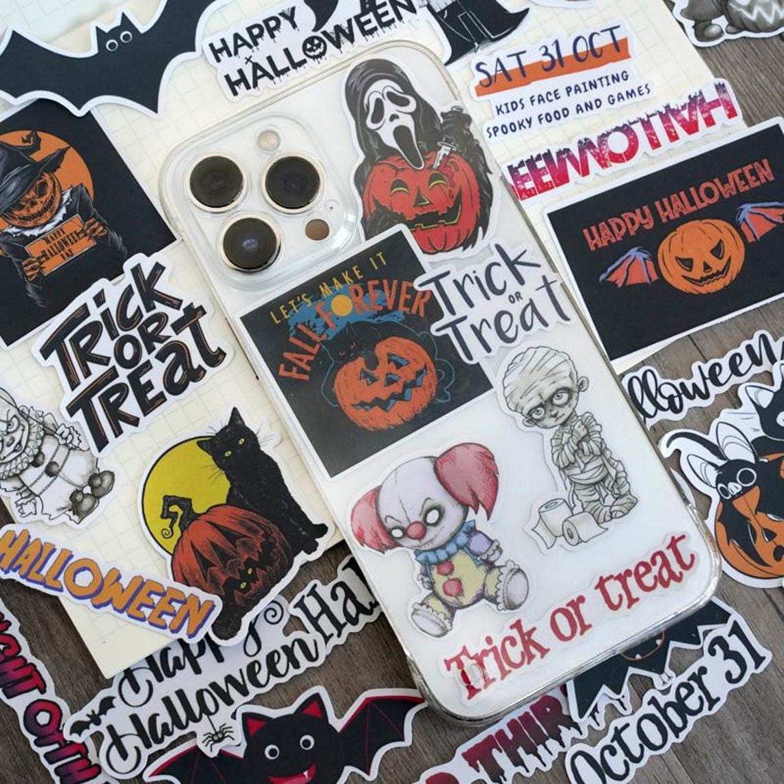 Vintage Halloween Stickers, Gothic Occult Decals, Spooky Ghost Bat Moon Art for Planners