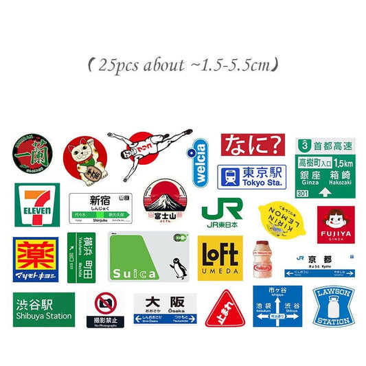 Japan Street Signs & Brand Logo Stickers Pack | 25pcs Japanese Travel Stickers for Laptop Journal