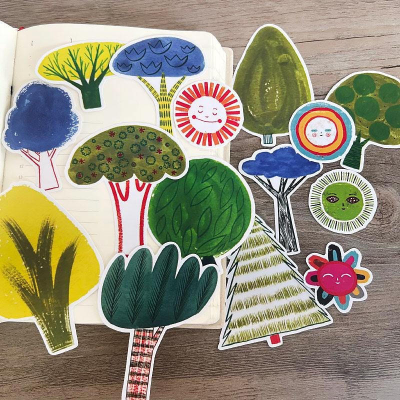 Hand-Drawn Cartoon Tree Stickers, Nature Decals, Multi-Color Stationery Kit