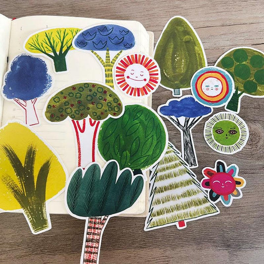 Hand-Drawn Cartoon Tree Stickers, Nature Decals, Multi-Color Stationery Kit