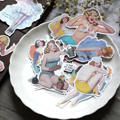 Retro Pin-Up Girls Stickers | 1950s Glamour Women Illustration | Classic Pinup Art Collage Decals