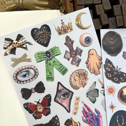 Vintage Halloween Stickers, Gothic Occult Decals, Spooky Ghost Bat Moon Art for Planners