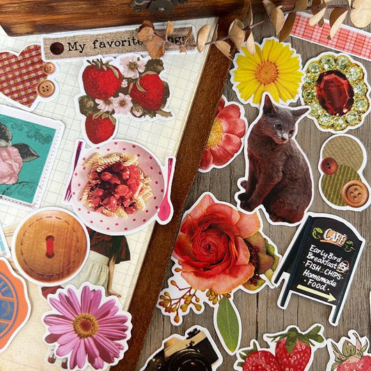 Retro Floral Food Cat Stickers, Planner Journal Scrapbook Craft Supplies