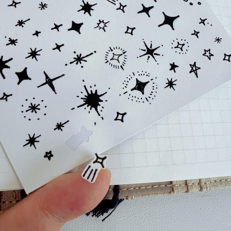 Minimalist Star Stickers, Black Celestial Planner Decals, Tiny Sparkle Line Art Journaling Stickers