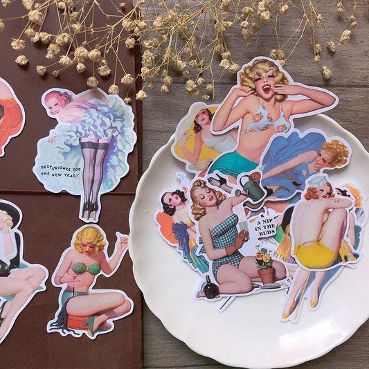 Retro Pin-Up Girls Stickers | 1950s Glamour Women Illustration | Classic Pinup Art Collage Decals