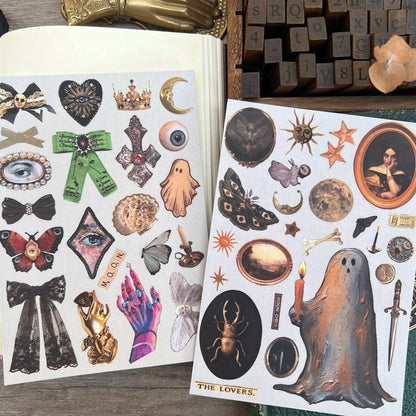 Vintage Halloween Stickers, Gothic Occult Decals, Spooky Ghost Bat Moon Art for Planners