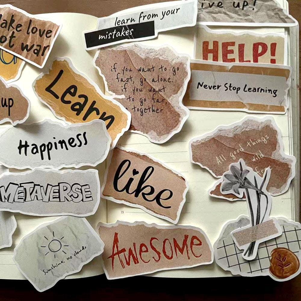Vintage Quote Stickers, Torn Paper Ephemera for Junk Journal, Retro Scrapbook Supplies