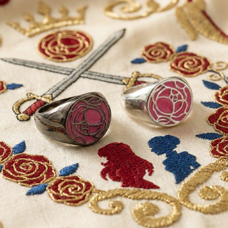 Red Rose Signet Ring, Revolutionary Style Anime Gift, Black Enamel Duelist Band