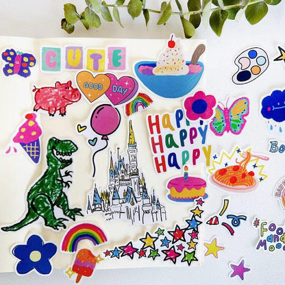 Happy Party Stickers, Cartoon Crayon Doodles, Hand Drawn Journaling Decals, Scrapbook Collage Art Materials