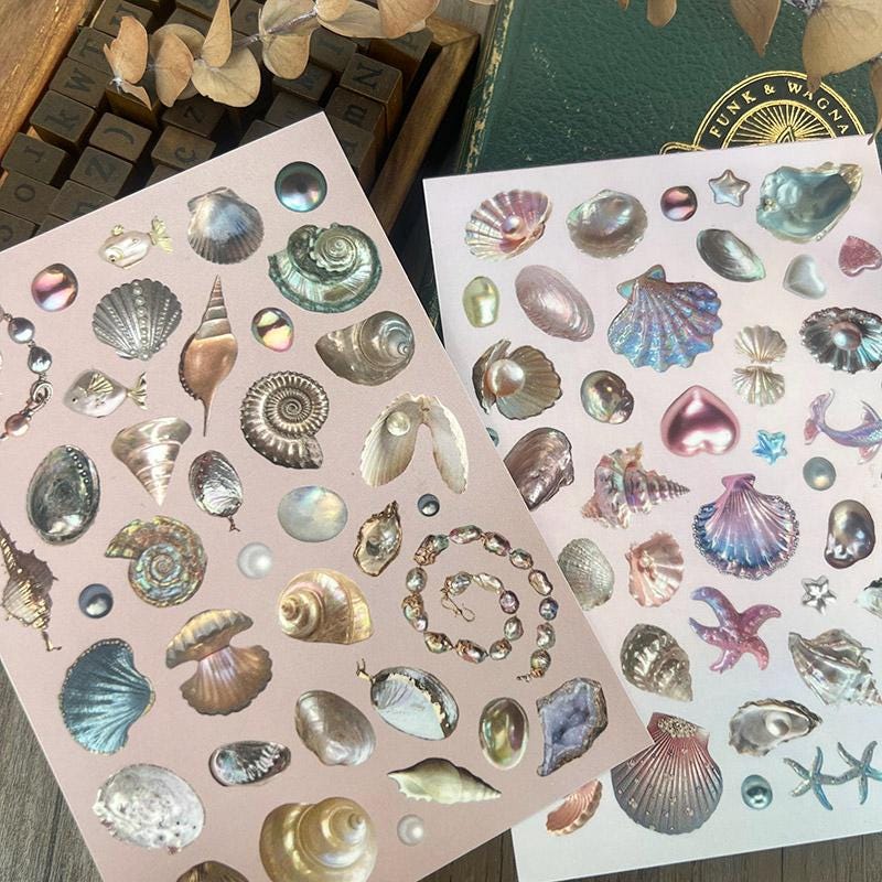Dreamy Ocean Stickers – Iridescent Shells, Pearls & Starfish for Journals and Scrapbooking