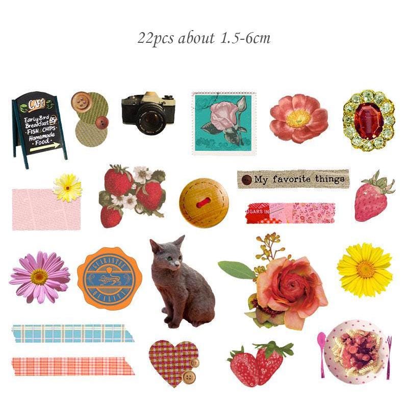 Retro Floral Food Cat Stickers, Planner Journal Scrapbook Craft Supplies
