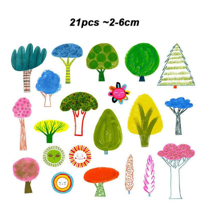 Hand-Drawn Cartoon Tree Stickers, Nature Decals, Multi-Color Stationery Kit