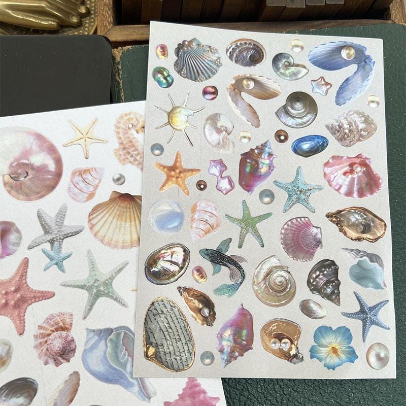 Dreamy Ocean Stickers – Iridescent Shells, Pearls & Starfish for Journals and Scrapbooking