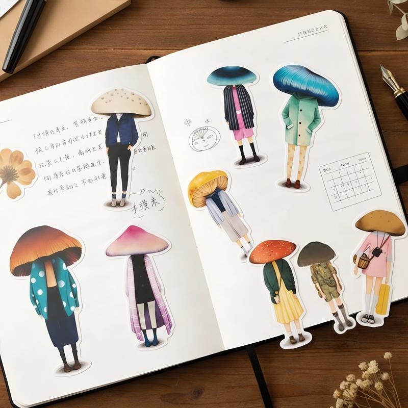 Mushroom Girl Planner Stickers, Scrapbooking Decals for Creative Journaling
