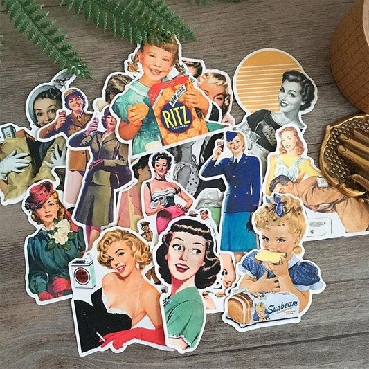 Vintage Girl Journal Stickers, Retro Planner Stickers for Scrapbook, Diary, DIY Decoration