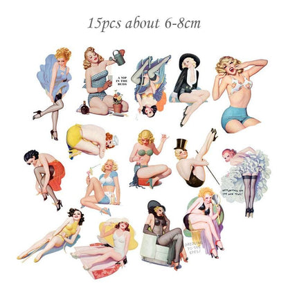 Retro Pin-Up Girls Stickers | 1950s Glamour Women Illustration | Classic Pinup Art Collage Decals