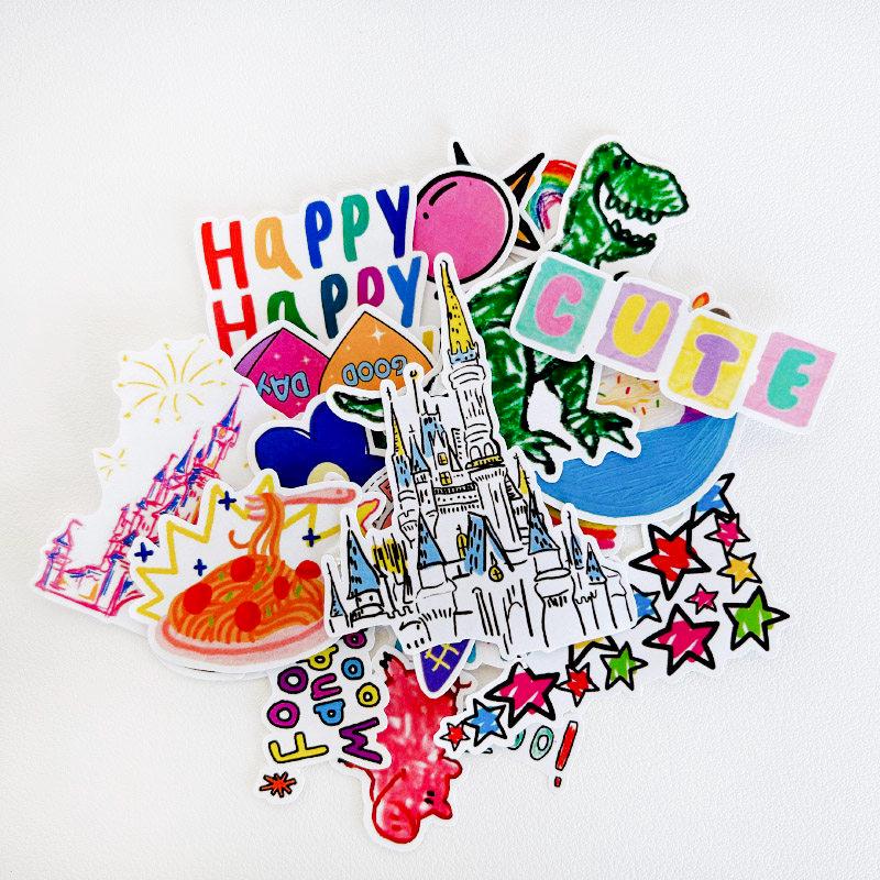 Happy Party Stickers, Cartoon Crayon Doodles, Hand Drawn Journaling Decals, Scrapbook Collage Art Materials