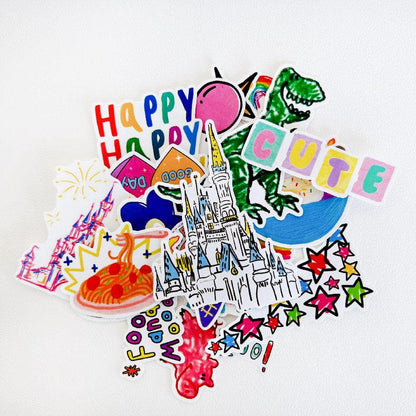 Happy Party Stickers, Cartoon Crayon Doodles, Hand Drawn Journaling Decals, Scrapbook Collage Art Materials