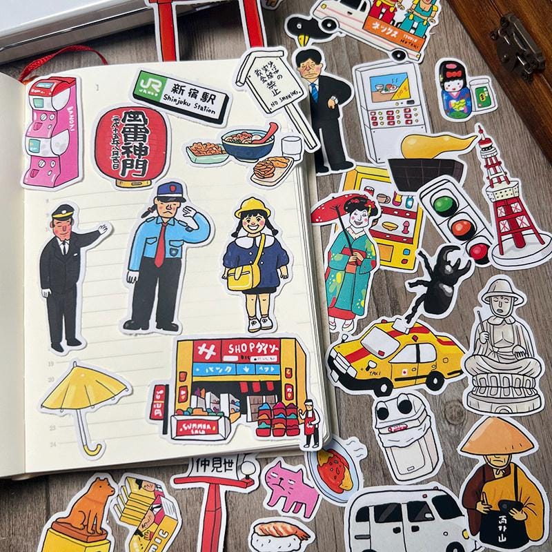 Japanese Street Vibe Stickers, Hand-drawn Travel Icons, Matte Planner Decals (33 Pieces)