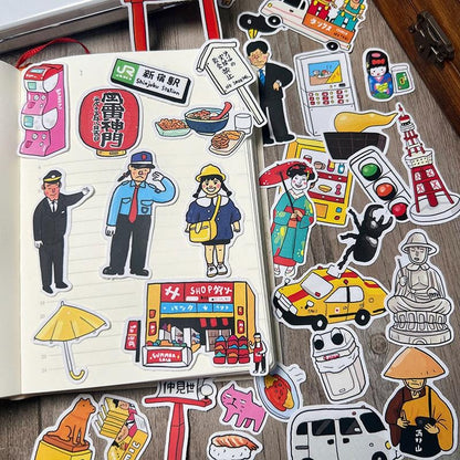 Japanese Street Vibe Stickers, Hand-drawn Travel Icons, Matte Planner Decals (33 Pieces)