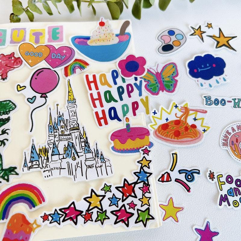 Happy Party Stickers, Cartoon Crayon Doodles, Hand Drawn Journaling Decals, Scrapbook Collage Art Materials