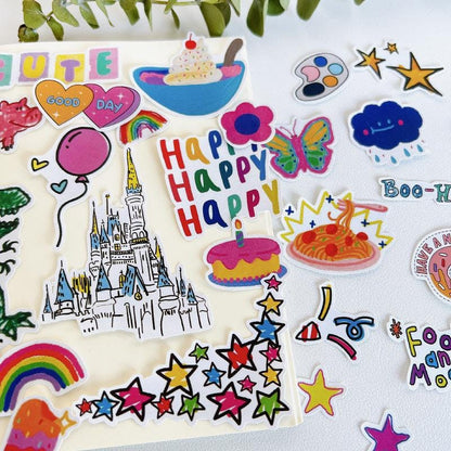 Happy Party Stickers, Cartoon Crayon Doodles, Hand Drawn Journaling Decals, Scrapbook Collage Art Materials
