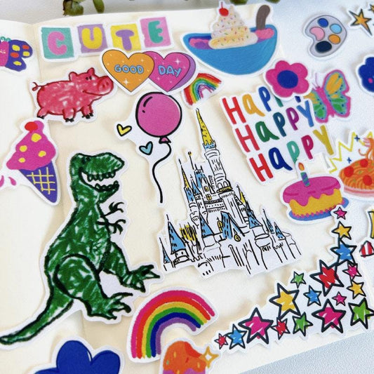 Happy Party Stickers, Cartoon Crayon Doodles, Hand Drawn Journaling Decals, Scrapbook Collage Art Materials