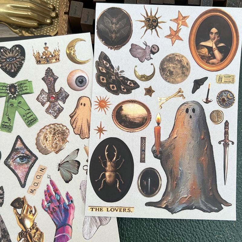 Vintage Halloween Stickers, Gothic Occult Decals, Spooky Ghost Bat Moon Art for Planners