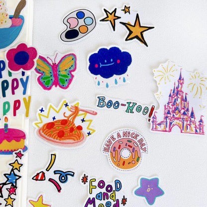 Happy Party Stickers, Cartoon Crayon Doodles, Hand Drawn Journaling Decals, Scrapbook Collage Art Materials