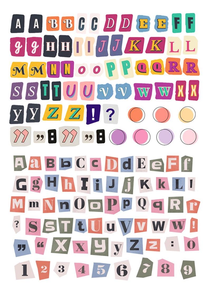 Ransom Letter Alphabet Stickers, Magazine Style Cutout Letters, Scrapbook & Junk Journal Sticker Sheet