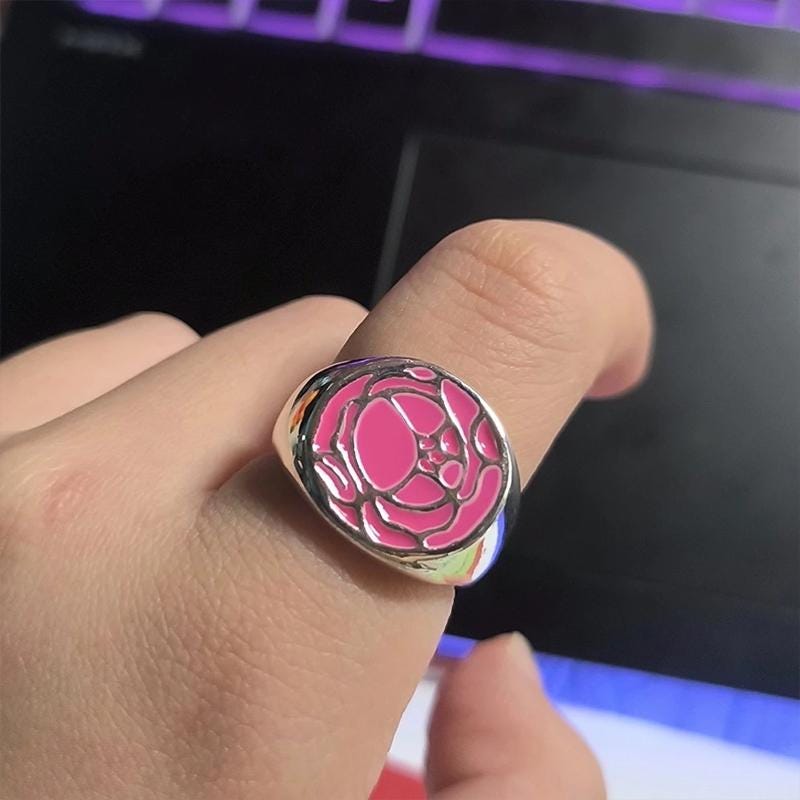 Red Rose Signet Ring, Revolutionary Style Anime Gift, Black Enamel Duelist Band