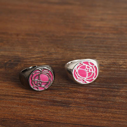 Red Rose Signet Ring, Revolutionary Style Anime Gift, Black Enamel Duelist Band