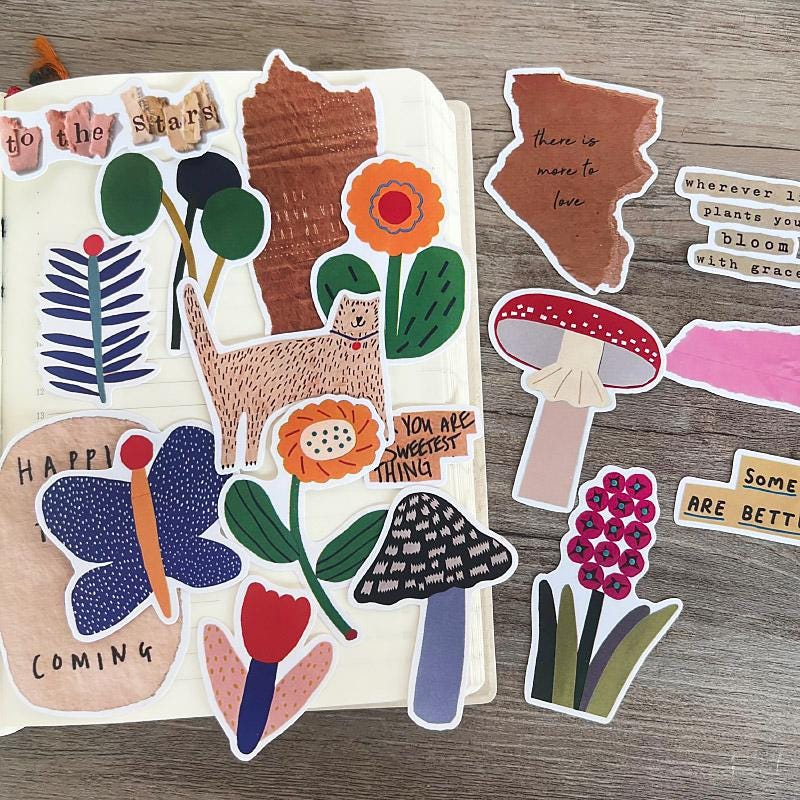 Vintage Floral Stickers for Journal – Collage Scrapbook Stickers with Motivational Phrases