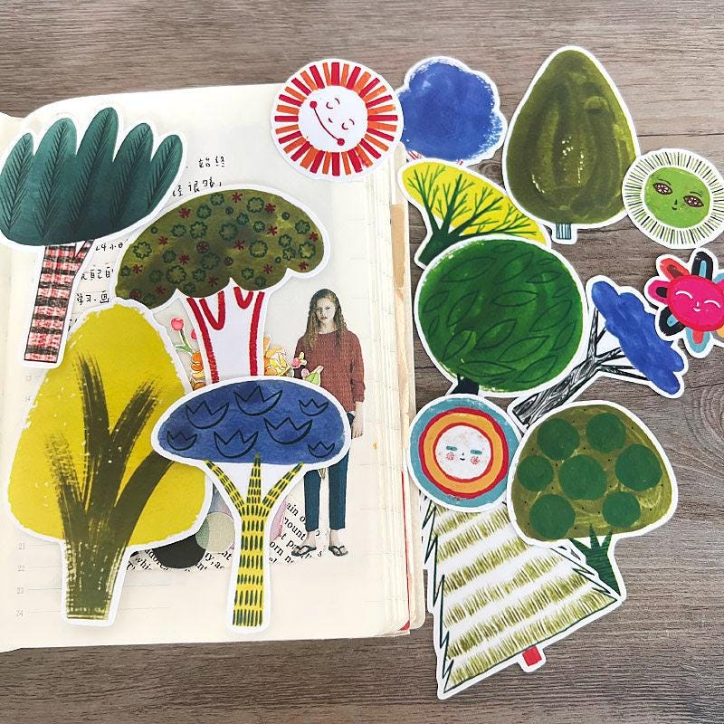Hand-Drawn Cartoon Tree Stickers, Nature Decals, Multi-Color Stationery Kit