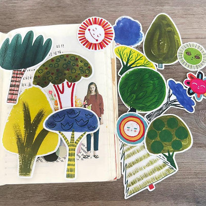 Hand-Drawn Cartoon Tree Stickers, Nature Decals, Multi-Color Stationery Kit
