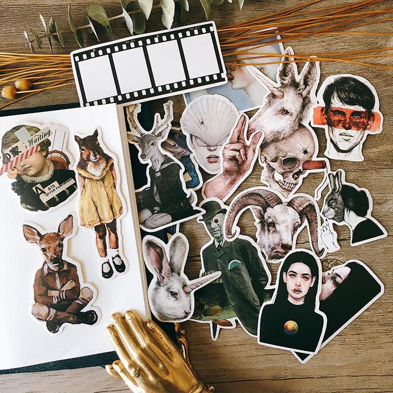 Surreal Animal & Human Stickers - Unique Fantasy Designs for Scrapbooking