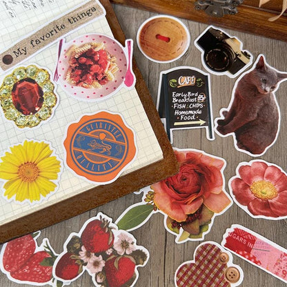 Retro Floral Food Cat Stickers, Planner Journal Scrapbook Craft Supplies
