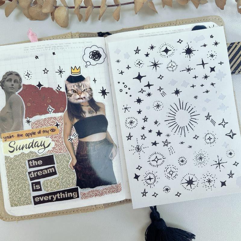 Minimalist Star Stickers, Black Celestial Planner Decals, Tiny Sparkle Line Art Journaling Stickers