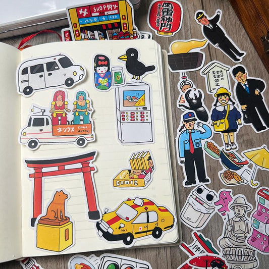 Japanese Street Vibe Stickers, Hand-drawn Travel Icons, Matte Planner Decals (33 Pieces)