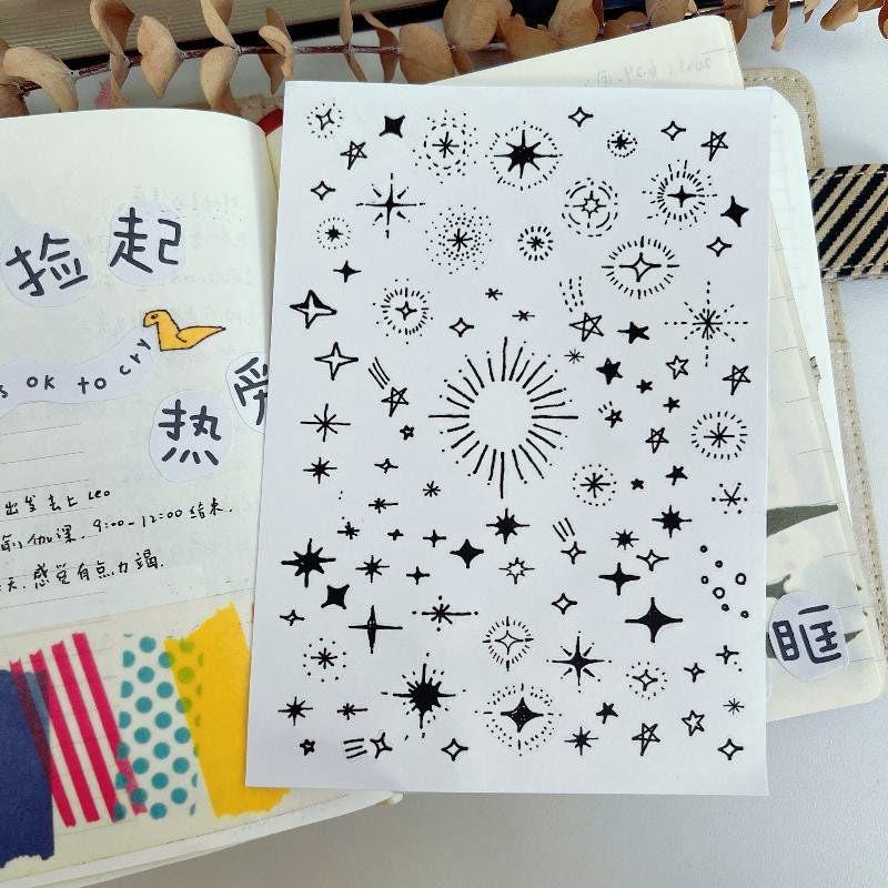 Minimalist Star Stickers, Black Celestial Planner Decals, Tiny Sparkle Line Art Journaling Stickers