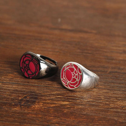 Red Rose Signet Ring, Revolutionary Style Anime Gift, Black Enamel Duelist Band