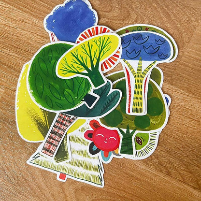 Hand-Drawn Cartoon Tree Stickers, Nature Decals, Multi-Color Stationery Kit