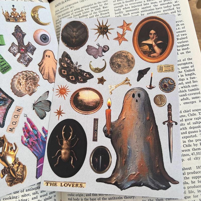 Vintage Halloween Stickers, Gothic Occult Decals, Spooky Ghost Bat Moon Art for Planners