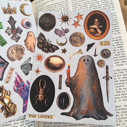 Vintage Halloween Stickers, Gothic Occult Decals, Spooky Ghost Bat Moon Art for Planners
