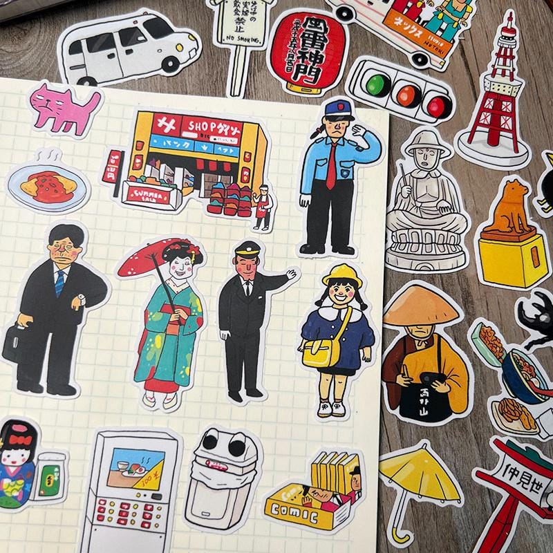 Japanese Street Vibe Stickers, Hand-drawn Travel Icons, Matte Planner Decals (33 Pieces)