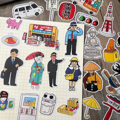 Japanese Street Vibe Stickers, Hand-drawn Travel Icons, Matte Planner Decals (33 Pieces)