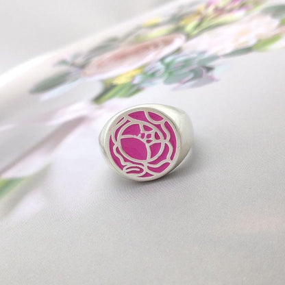 Red Rose Signet Ring, Revolutionary Style Anime Gift, Black Enamel Duelist Band